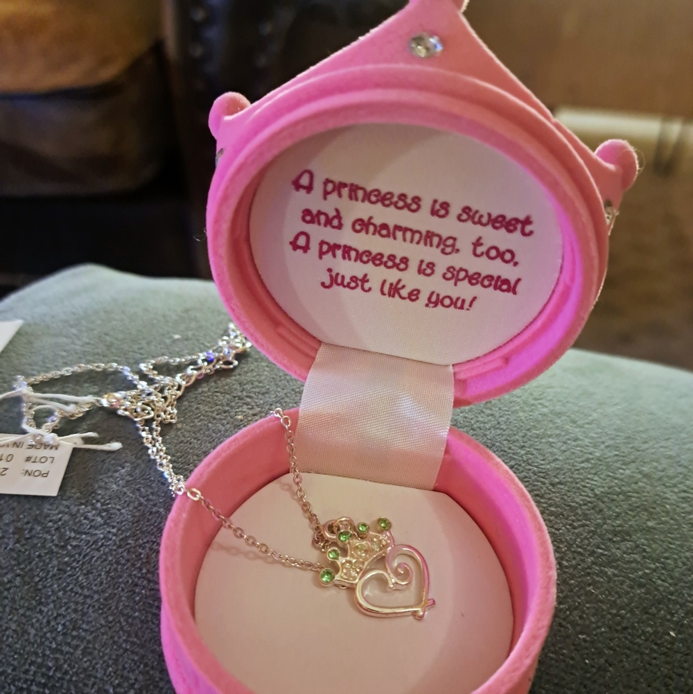 Pink Princess Treasure Box with Faux Peridot Crown Necklace Inside